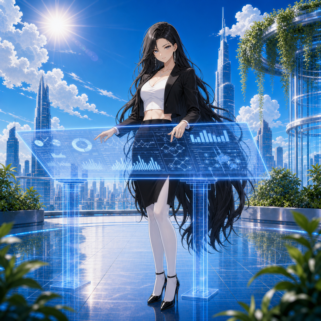 Black-haired Bank President Agent at an executive holographic banking workstation