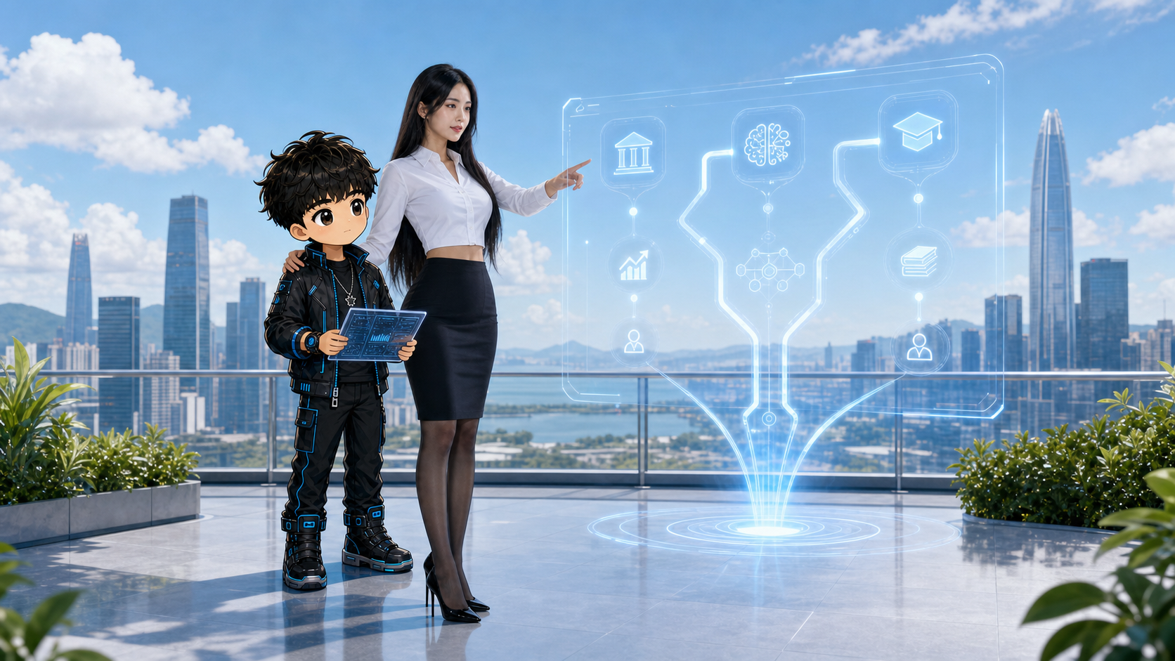 Pengyi Banking Tutor Agent giving Pengyi strategic guidance beside a holographic roadmap