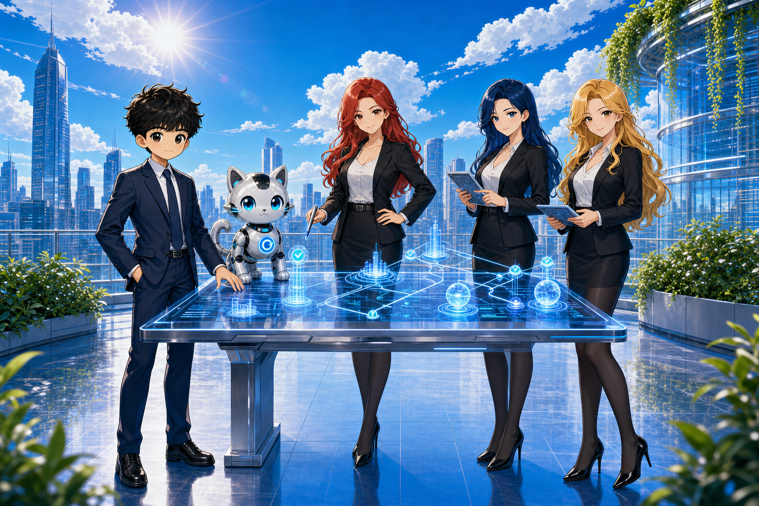 Pengyi, Little G and the three corporate product Agents at a holographic banking workstation